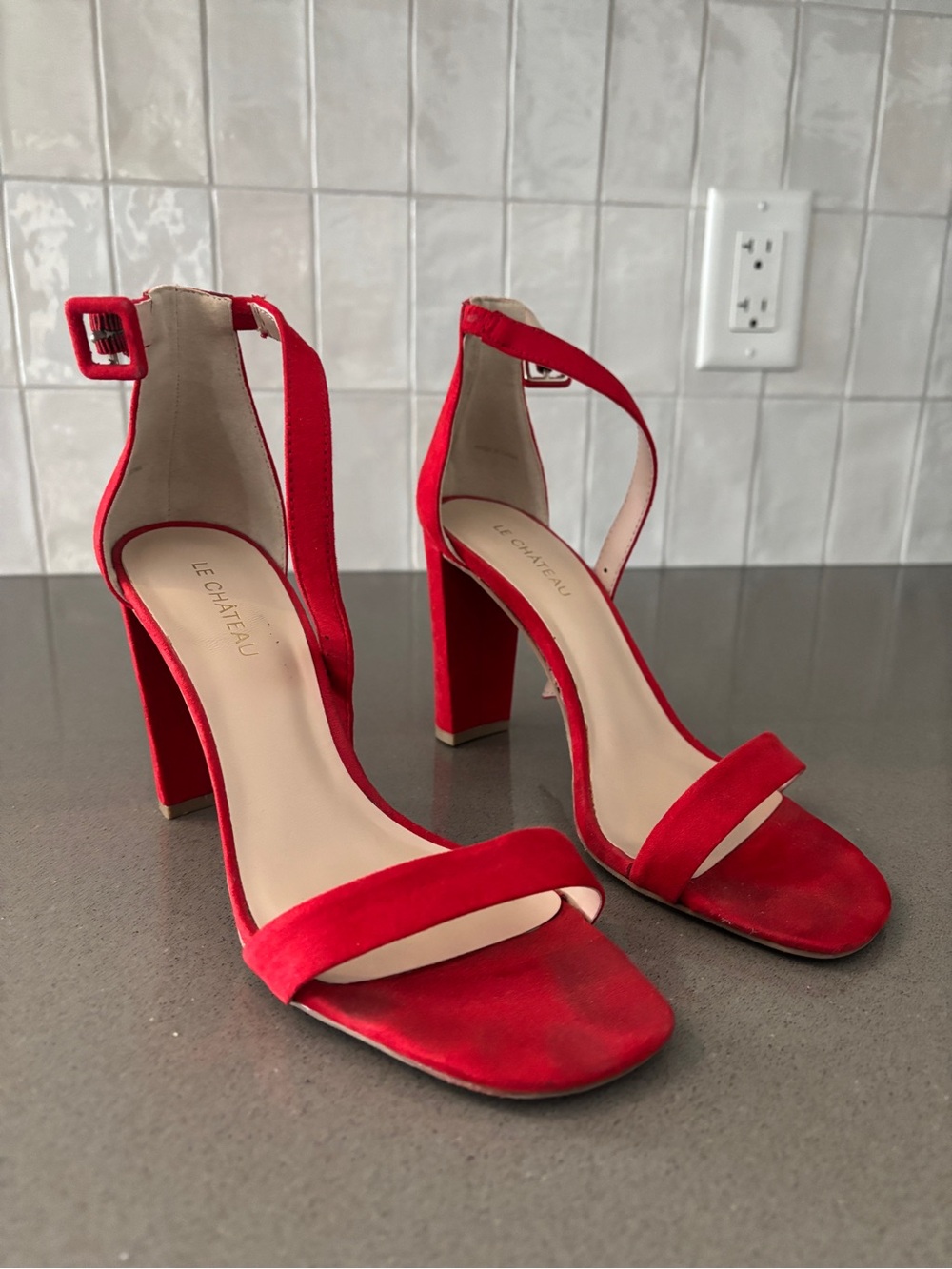 le chateau Red Suede Open-Toe Ankle-Strap Block Heels